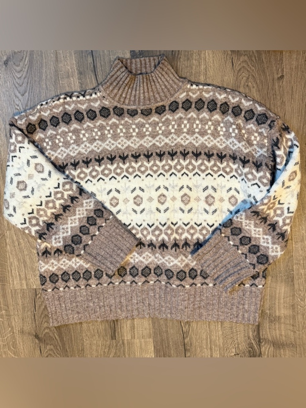Marled Fair Isle Cowl & Turtleneck Sweater in Beige, Cream, Brown